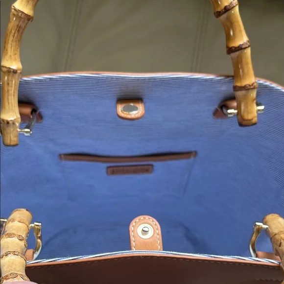 J McLaughlin Elpis Woven Straw Handbag Bamboo Handles Leather Upper Trim. - Picture 10 of 13